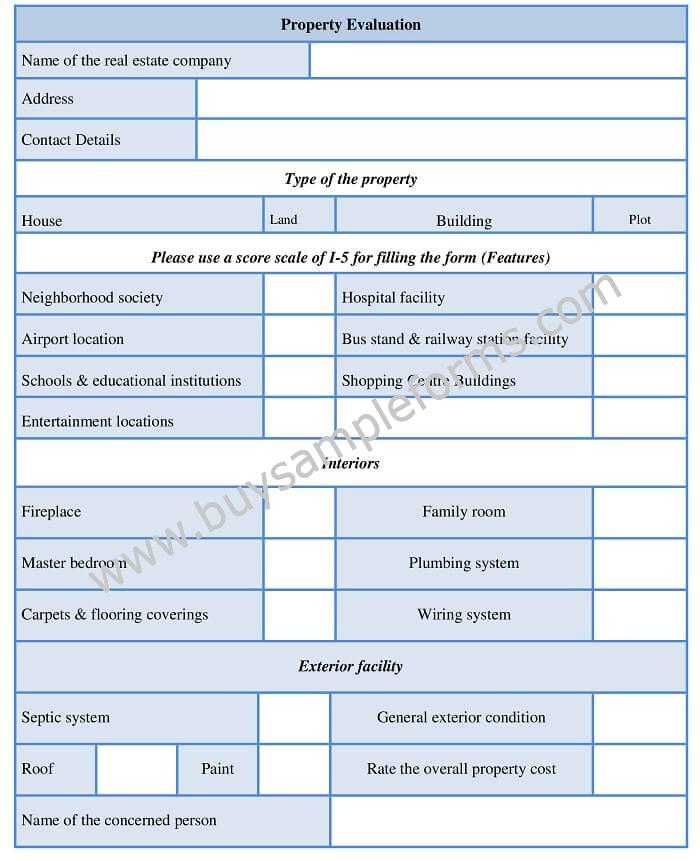 Printable Property Evaluation Form Template, Sample Online