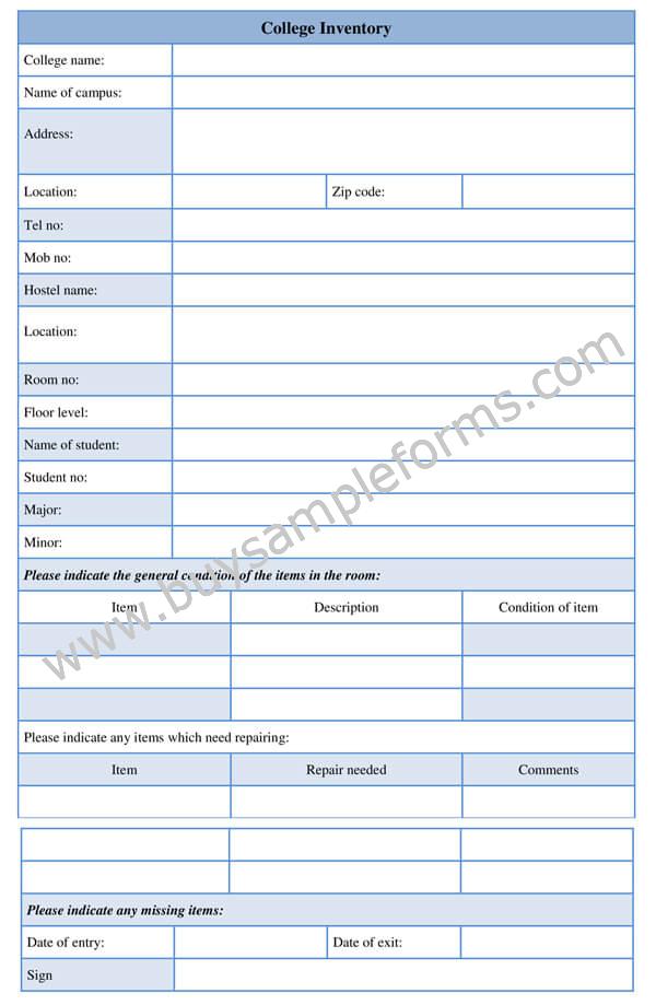 Printable College Inventory Form Template Word