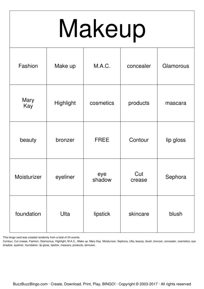 makeup Bingo Cards to Download, Print and Customize!