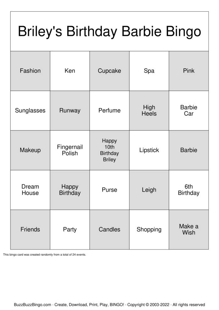 Barbie Bingo Cards to Download, Print and Customize!