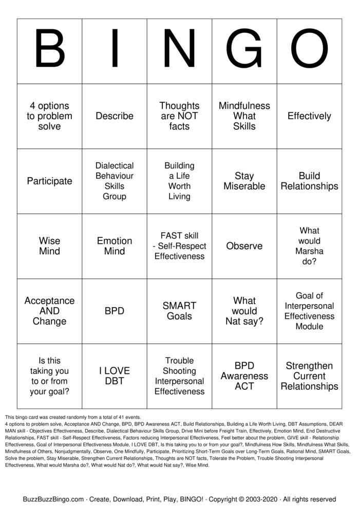 DBT BINGO INTERPERSONAL EFFECTIVENESS Bingo Cards to Download, Print