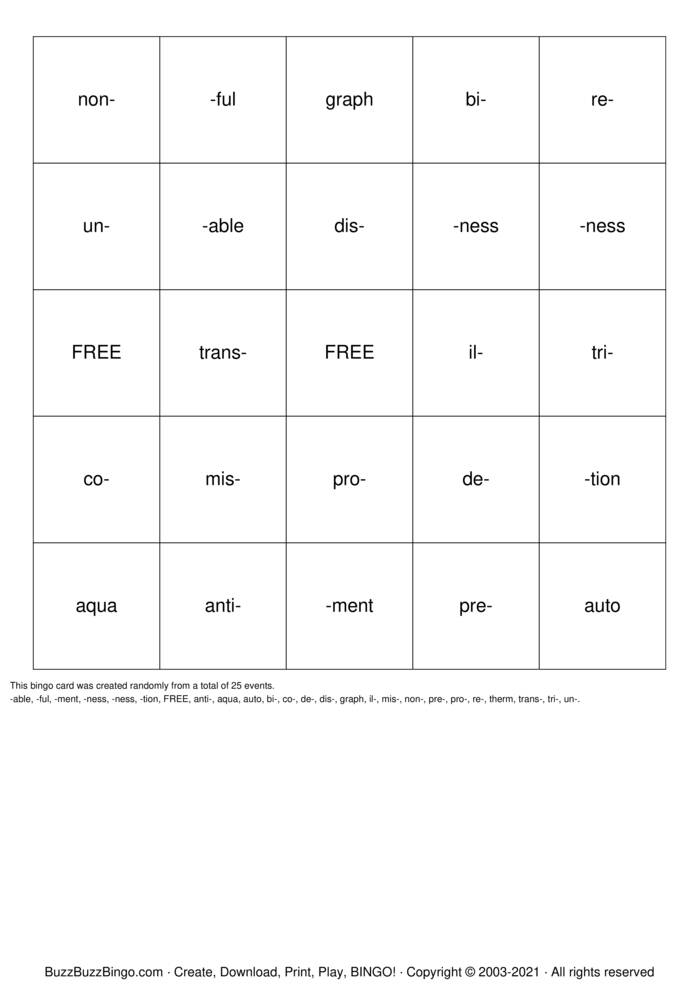 Affix & Root Word Throwdown Bingo Cards to Download, Print and Customize!