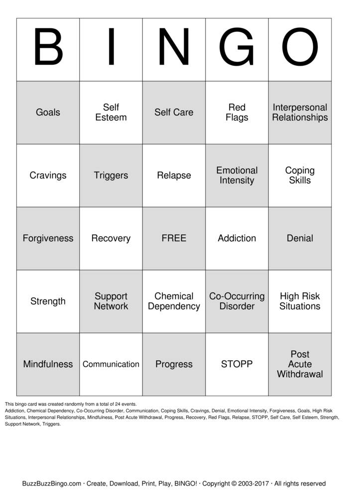 relapse prevention Bingo Cards to Download, Print and Customize!