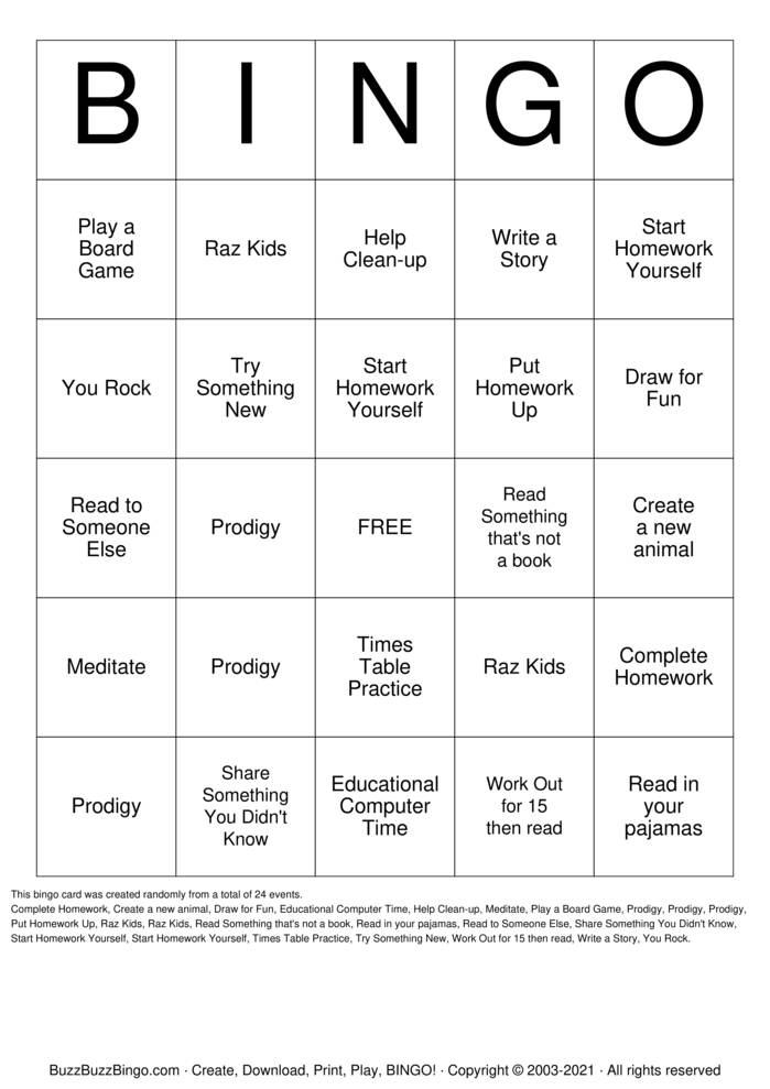 Homework Bingo Bingo Cards to Download, Print and Customize!
