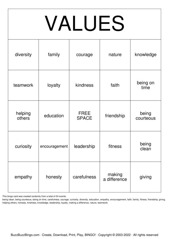 VALUES Bingo Cards to Download, Print and Customize!