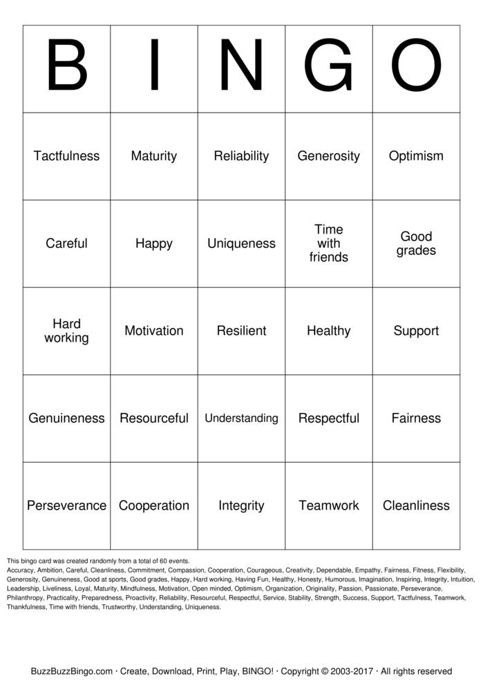VALUES Bingo Cards to Download, Print and Customize!