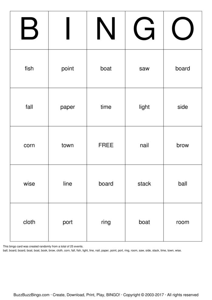 Compound Words Bingo Cards to Download, Print and Customize!