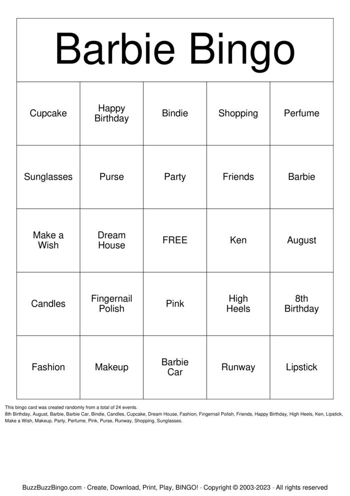 Barbie Bingo Cards to Download, Print and Customize!