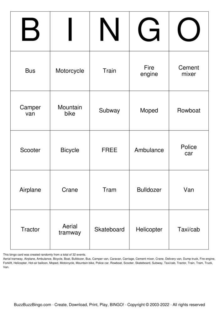 Forms of Transportation Bingo Cards to Download, Print and Customize!