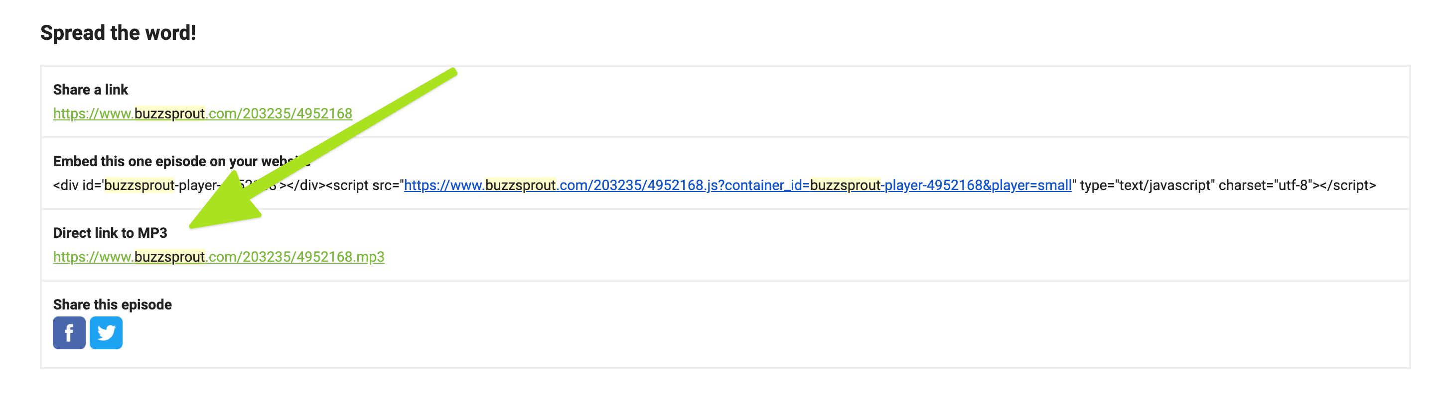 Direct link to podcast episode Buzzsprout Help