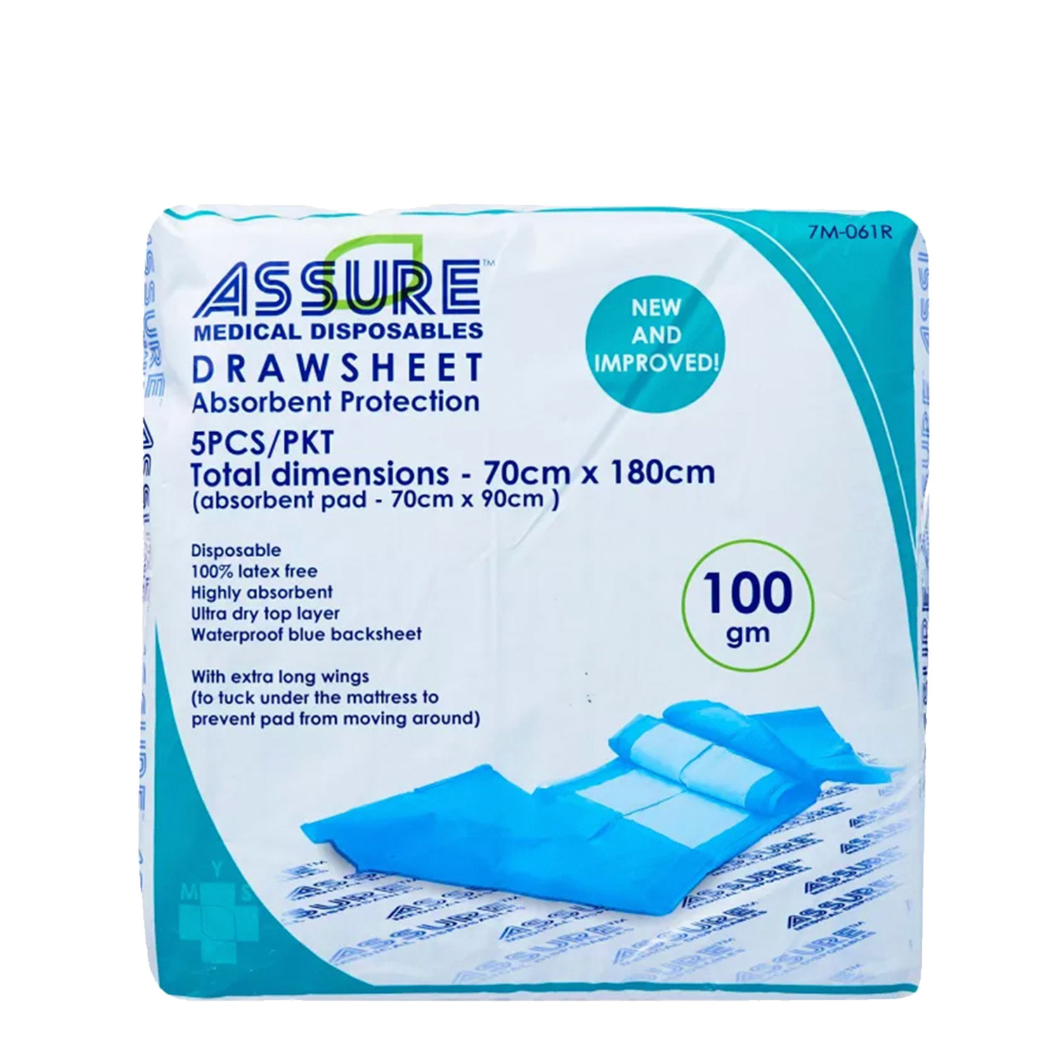 Assure Absorbent Underpads Draw sheet (70cm x 180cm, 100g, 5 pcs/pkt