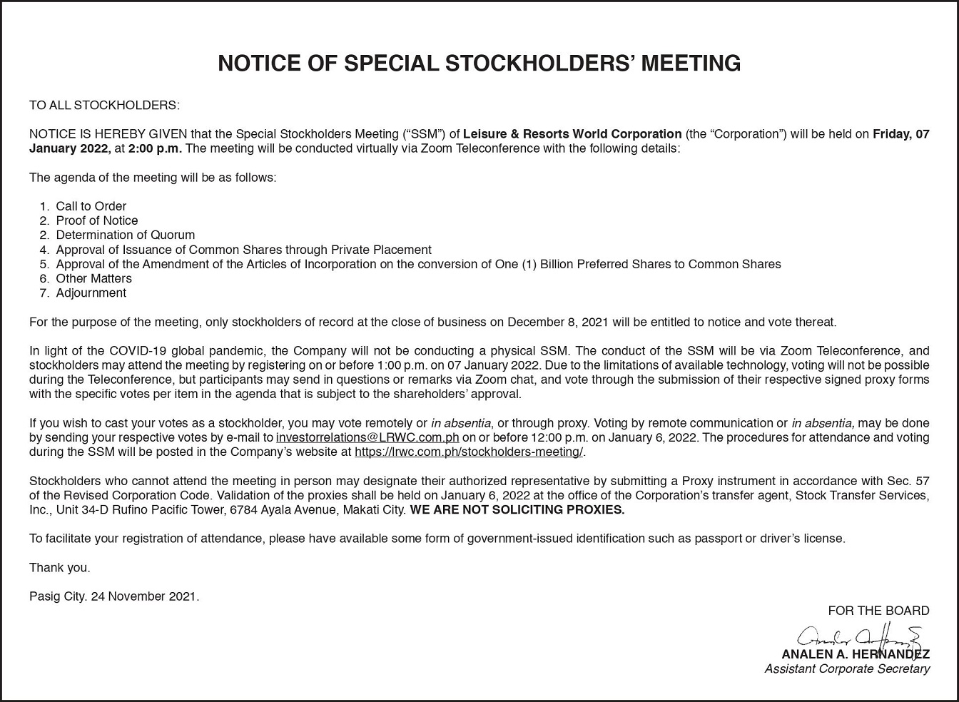 Leisure & Resorts World Corporation to conduct virtual stockholders