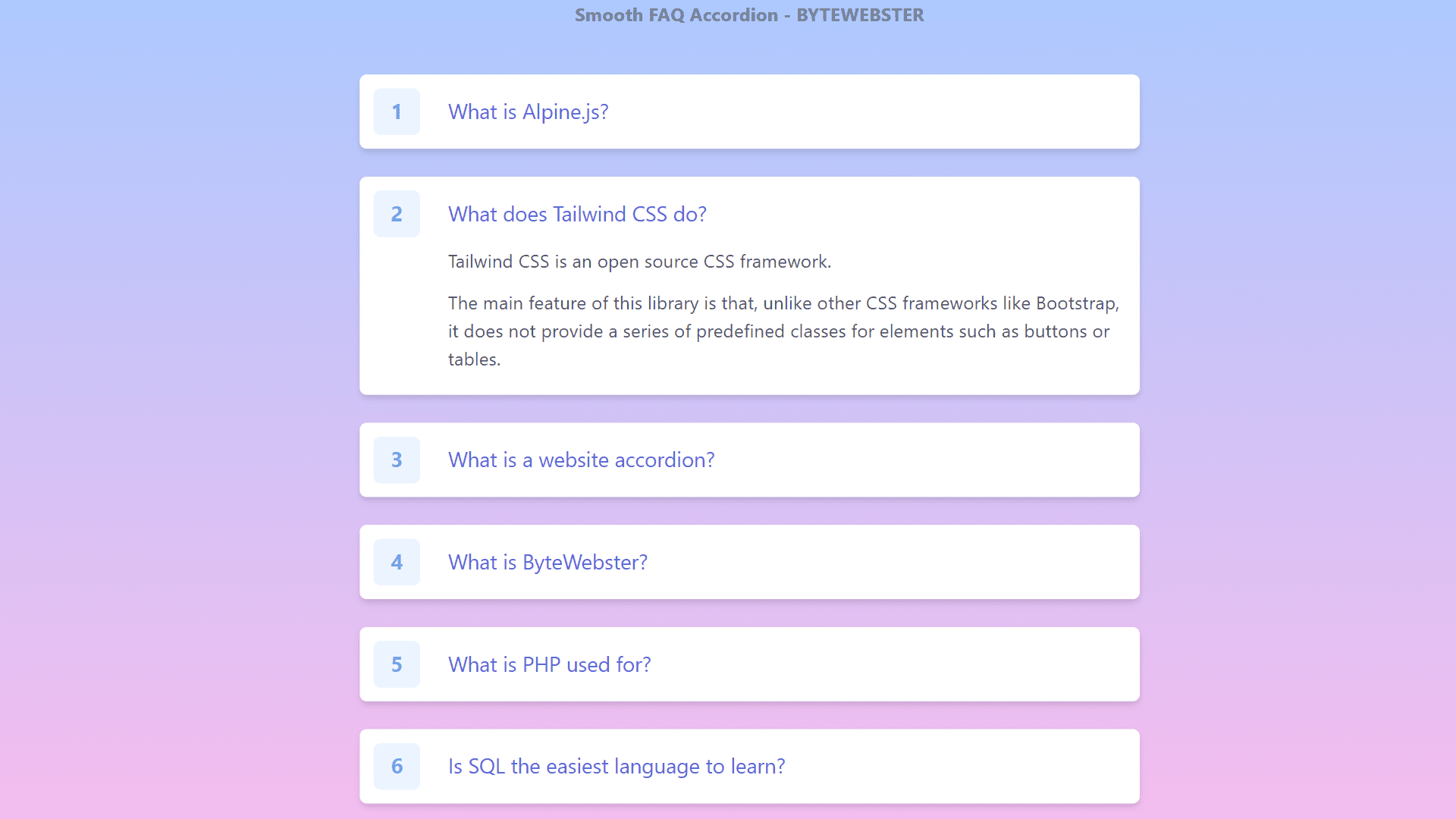 Smooth Accordion using Alpine.js & Tailwind CSS Bytester