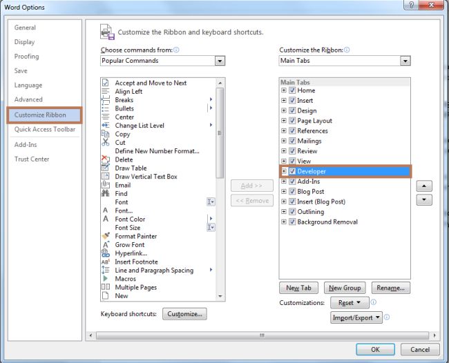 Add Developer Tab in Word 2013