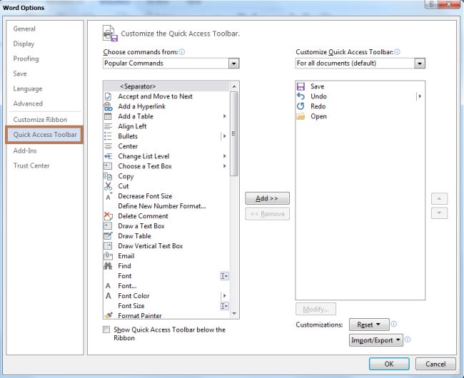 Customize the Quick Access Toolbar in Word 2013