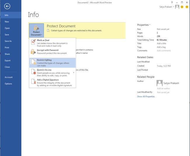 Set and Remove Editing Restrictions in Word 2013 Documents