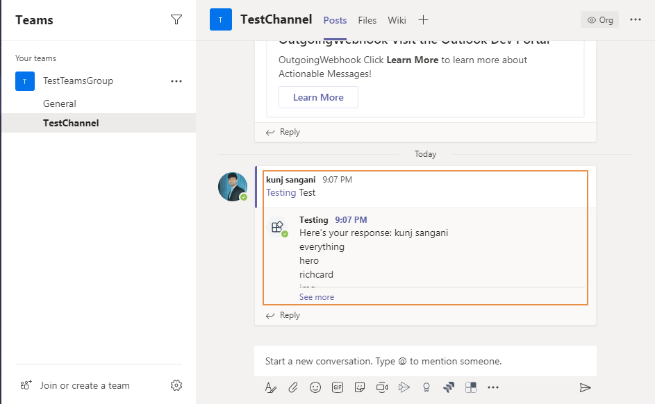 Outgoing Webhook In MS Teams
