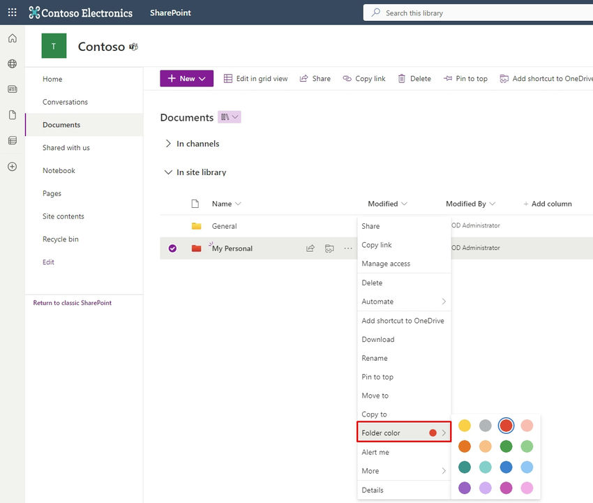Early Access Feature of SharePoint and OneDrive Color Coded Folder