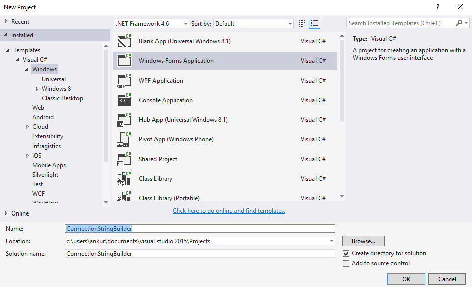 Create Connection String Using Visual Studio Windows Application