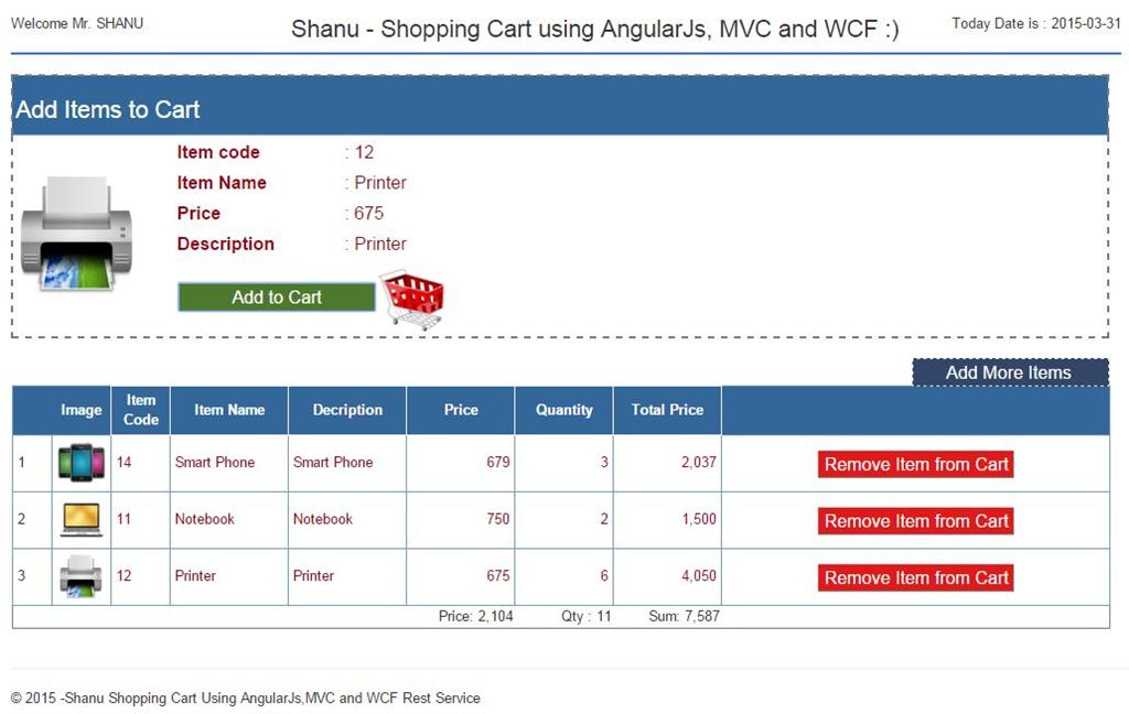 AngularJS Shopping Cart Using MVC and WCF Rest Service