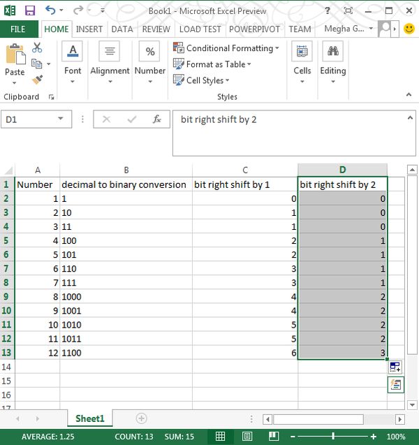 Bit Right Shift Function in Excel 2013