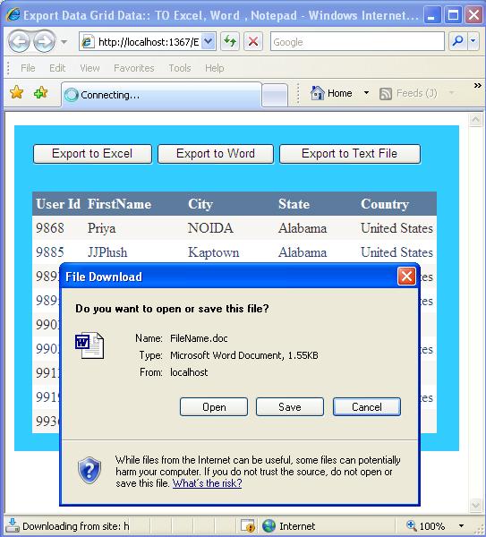 Export Data Grid in Excel Word And Text File