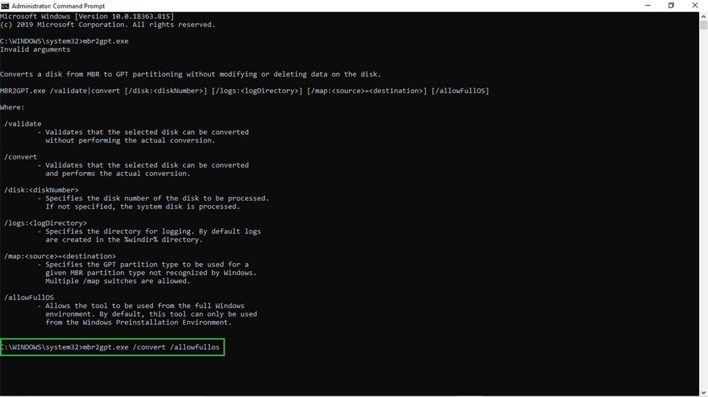 Converting the Disk Partition From MBR to GPT Using the Command Prompt