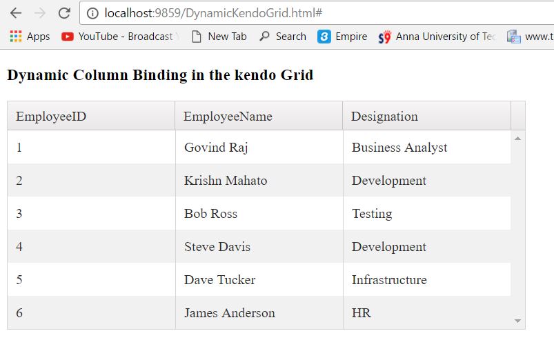 Dynamic Column Binding In The Kendo Grid Using  API