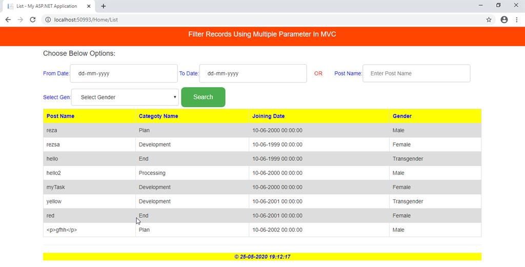 Filter Records By Passing Multiple Parameters In Stored Procedure Using MVC