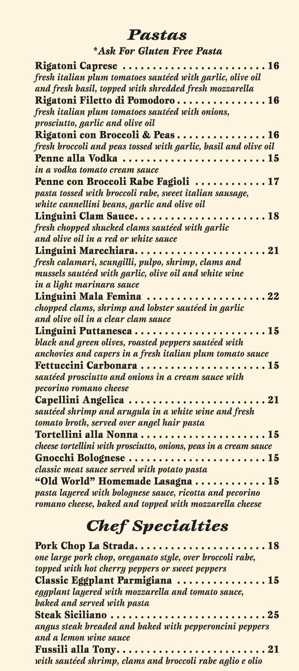 Menus La Strada Fine Italian Dining