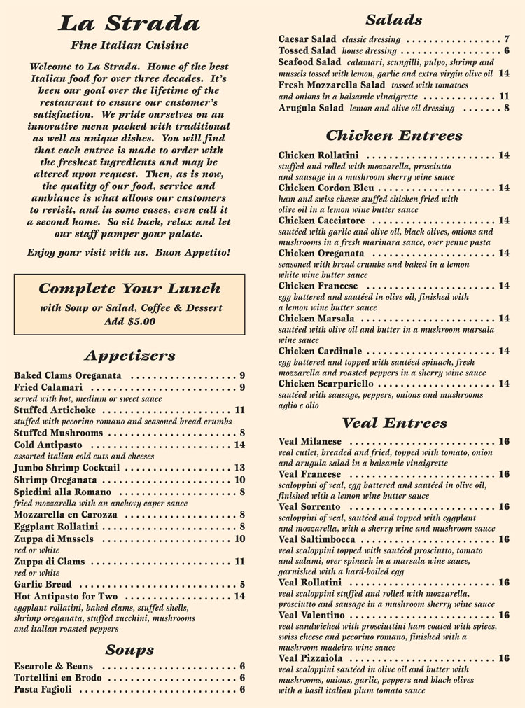 Menus La Strada Fine Italian Dining