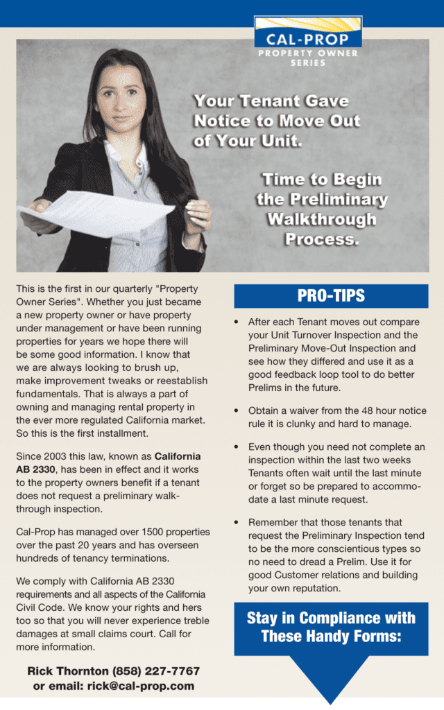 Preliminary Move Out Inspection Refresher (click on title) CalProp