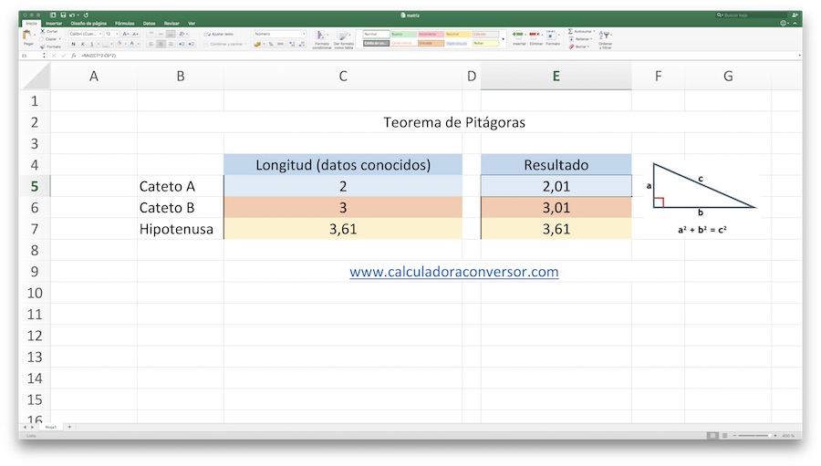 Calculadora online del teorema de Pitágoras