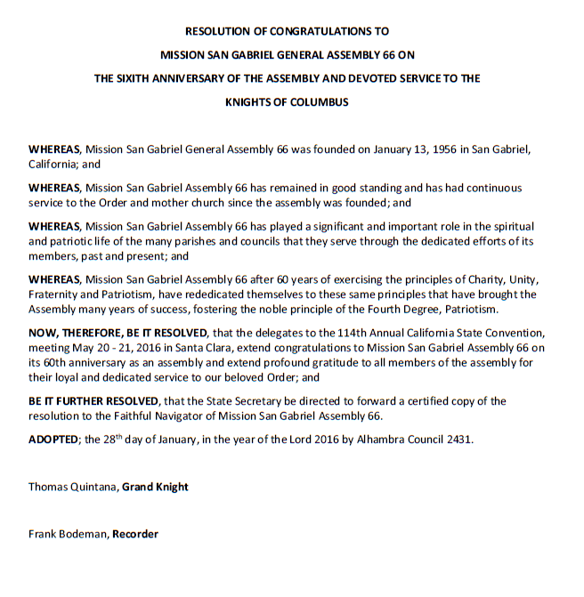 Resolution Example Knights of Columbus California State Council