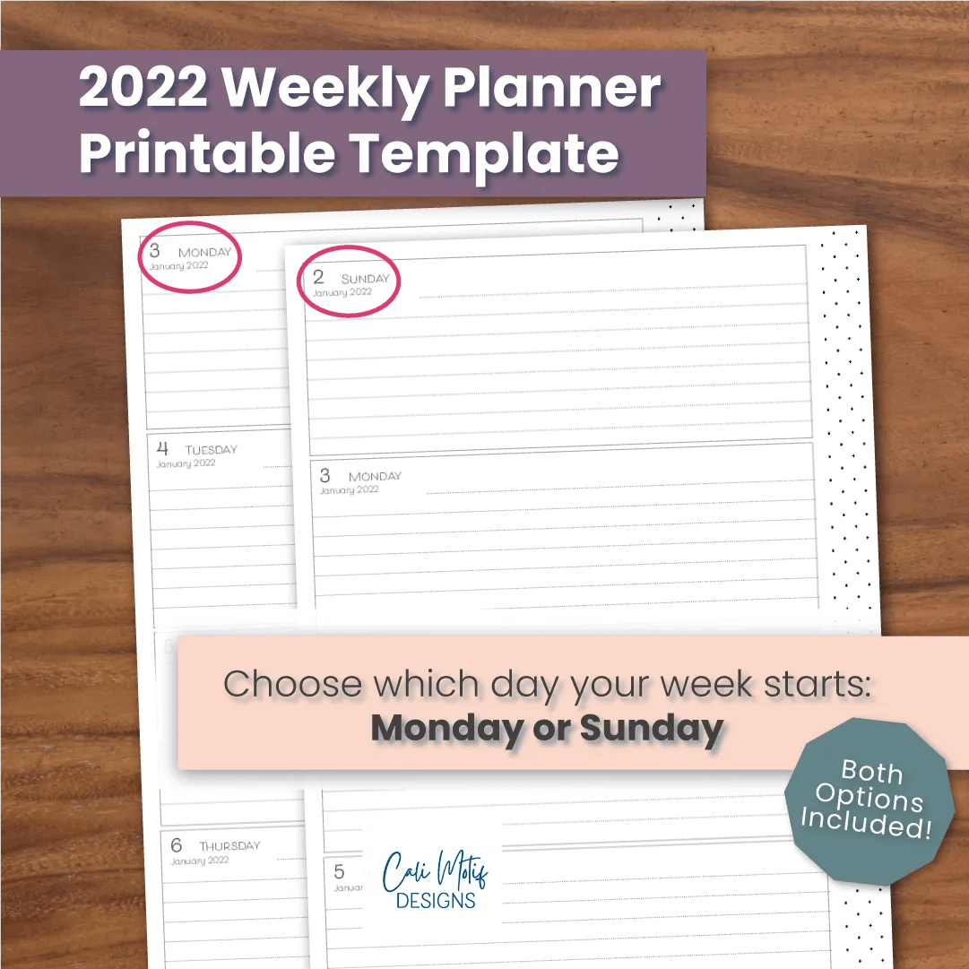 2022 Weekly Planner Printable Template, Horizontal Week on 2 Pages
