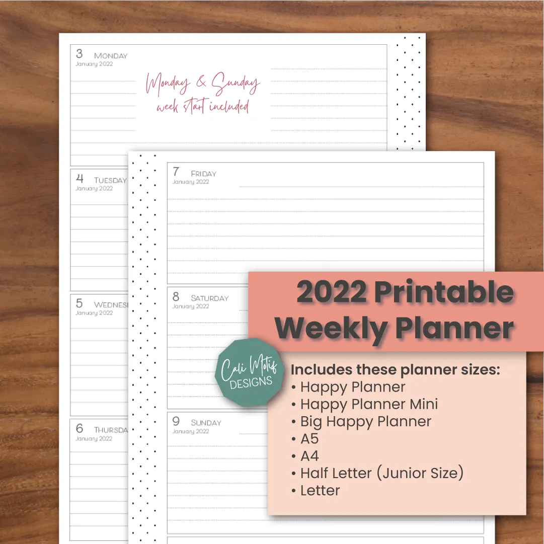 2022 Weekly Planner Printable Template, Horizontal Week on 2 Pages
