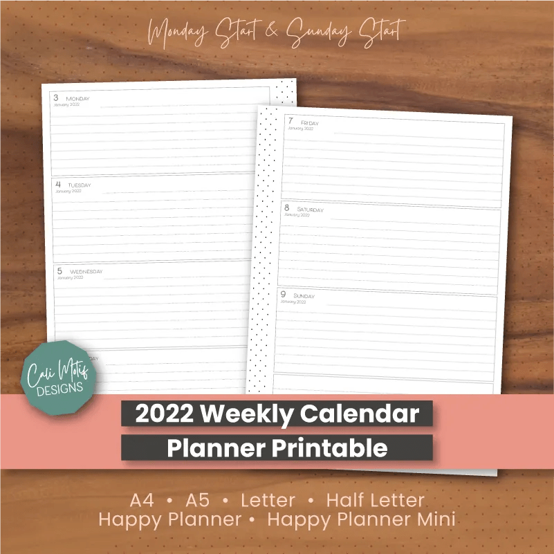2022 Weekly Planner Printable Template, Horizontal Week on 2 Pages
