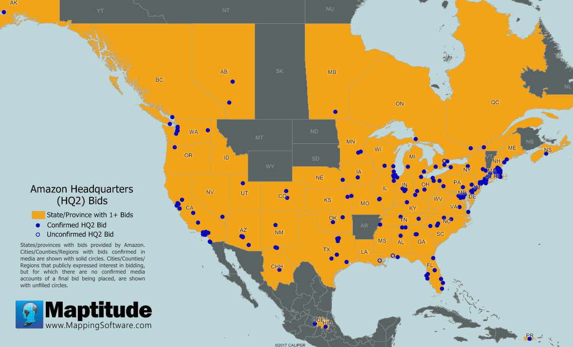 Maptitude Map Amazon HQ2 Bids