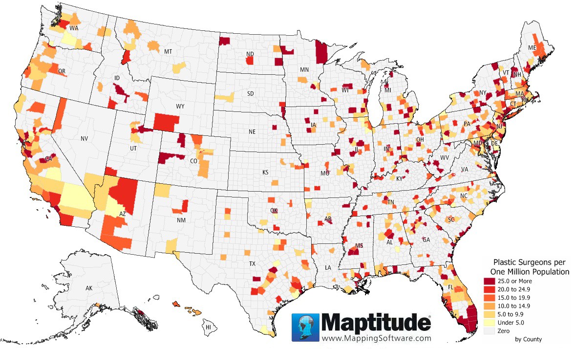 Maptitude Map Plastic Surgeons by County