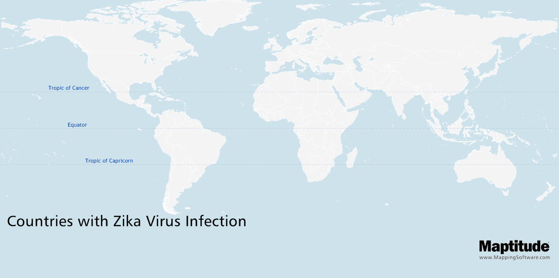 Maptitude Map Spread of Zika Virus since 1947