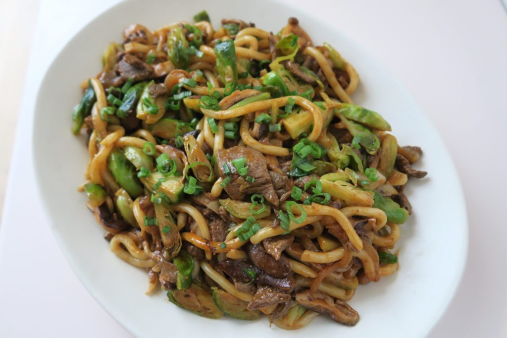 Spicy Udon Stirfry with Steak & Brussels sprouts cami cooks