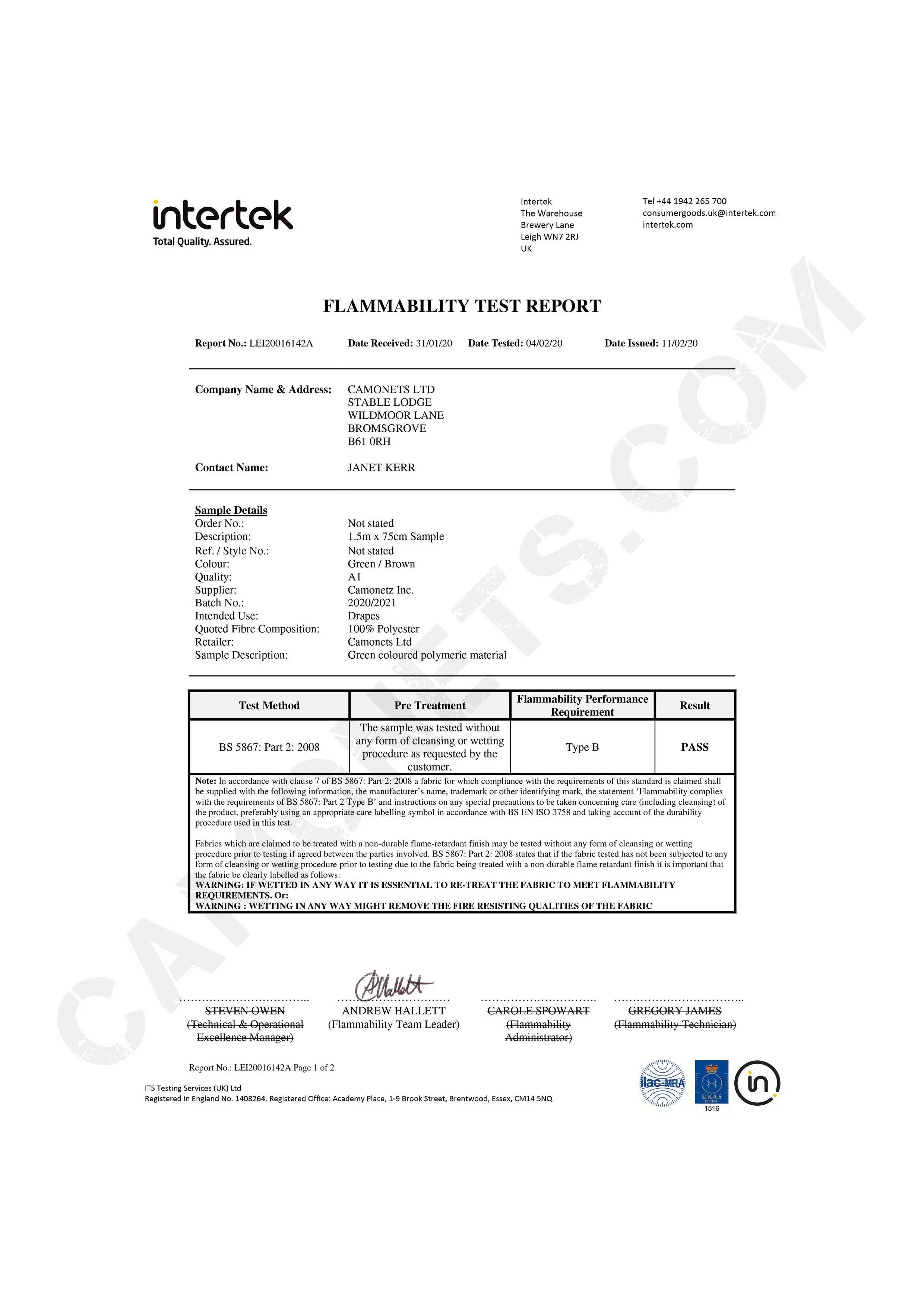 Fire Retardant Test Certificate Flammability Test Report,
