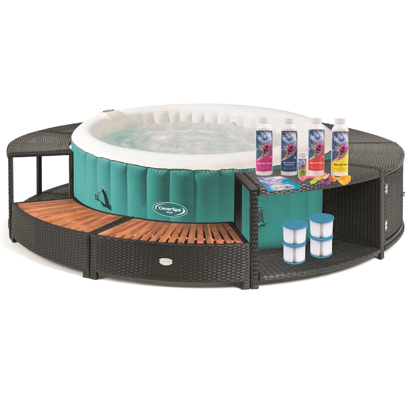 CleverSpa Inyo 4 Person Round Hot Tub & Rattan Surround Bundle