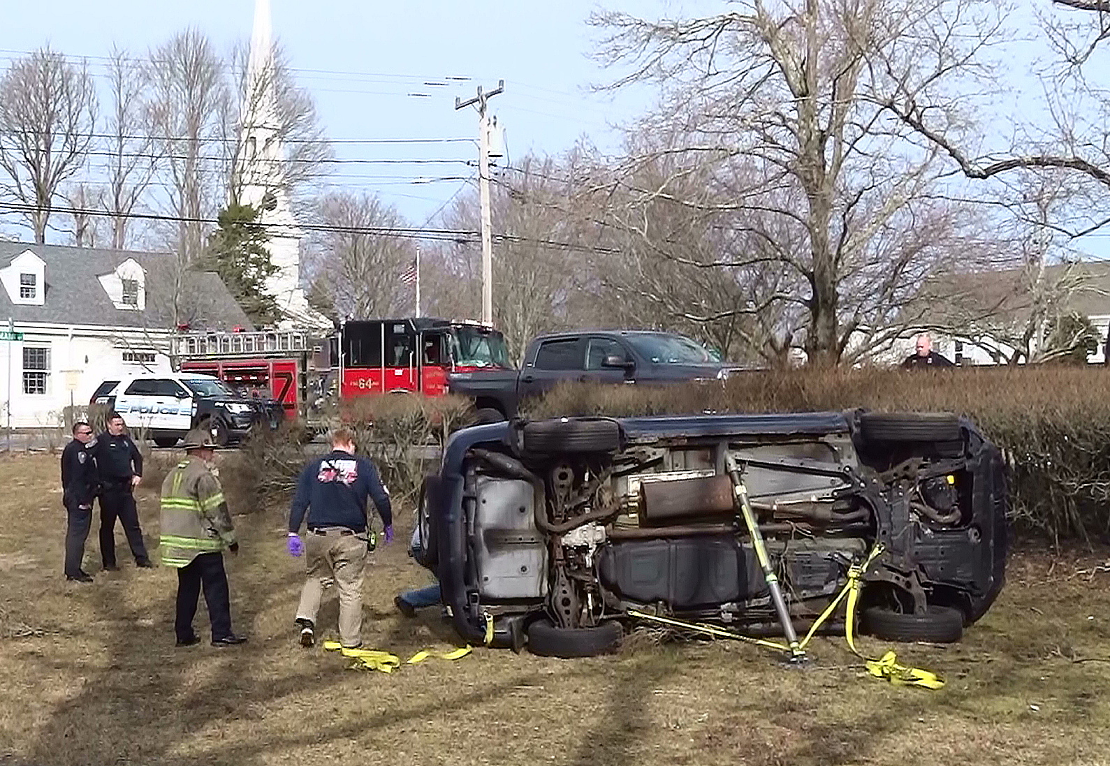 Video report Driver extricated after rollover crash in Harwich