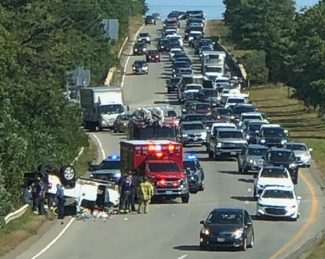 Rollover crash slows traffic on Route 6 in Sandwich