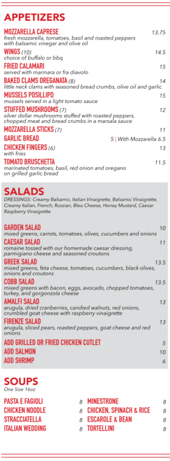 Menu Capri Pizzeria Italian Ossining, NY