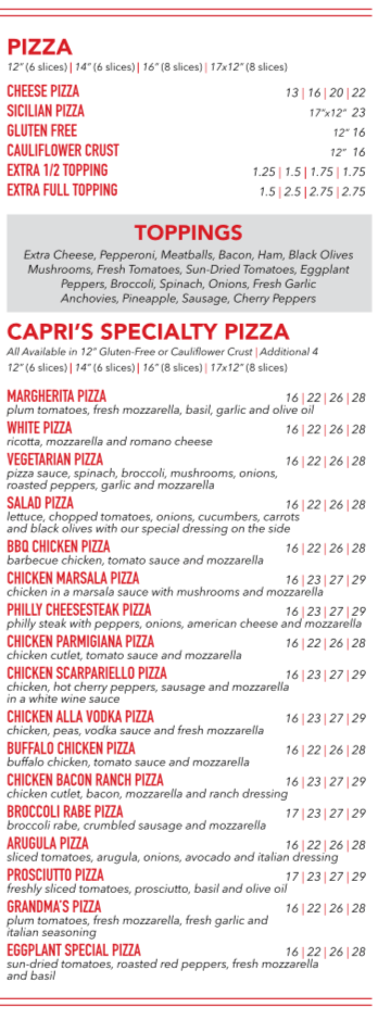 Menu Capri Pizzeria Italian Ossining, NY
