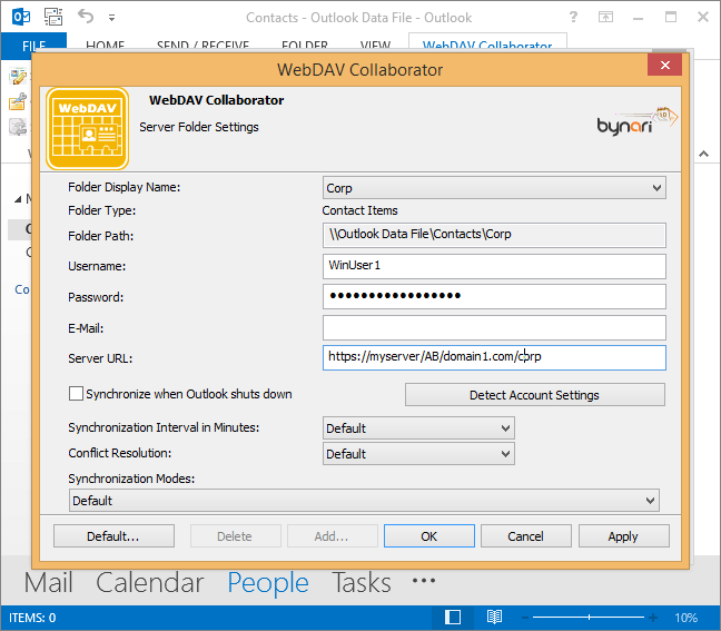 Connecting to Active Directory CardDAV Address Book in Microsoft Outlook
