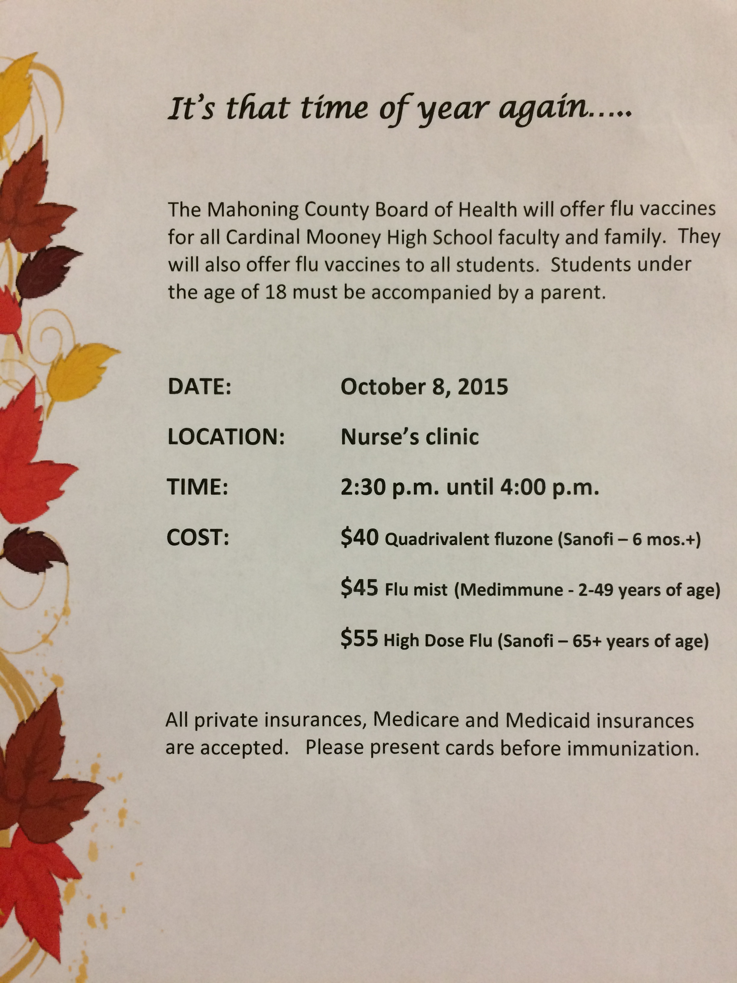 Flu Shot available Thursday Oct. 8, 2015 Cardinal Mooney High School