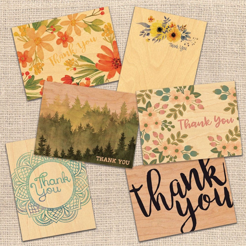 Thank You Cards Boxed set of 10 Cards of Wood